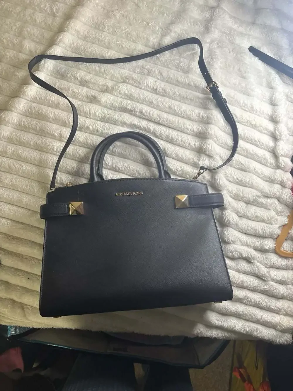 Michael Kors Karla Medium East West Satchel in Black Saffiano Leather
